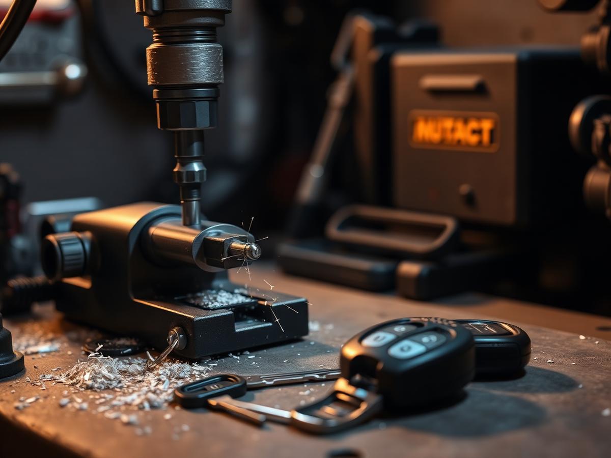Key cutting machine cutting a new car key next to a push-to-start fob