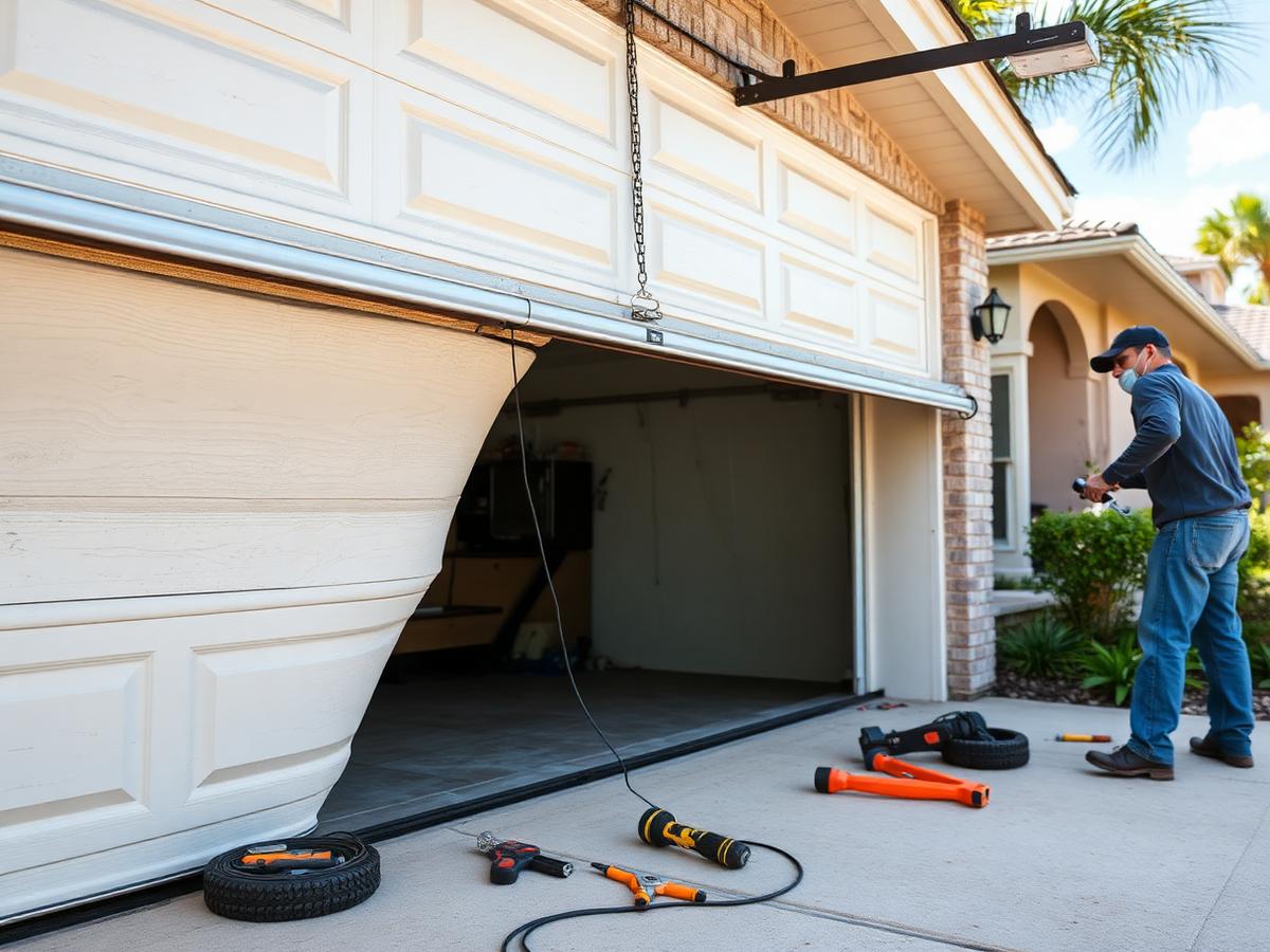 Technician repairing a residential garage door that came off its track in Miami Beach