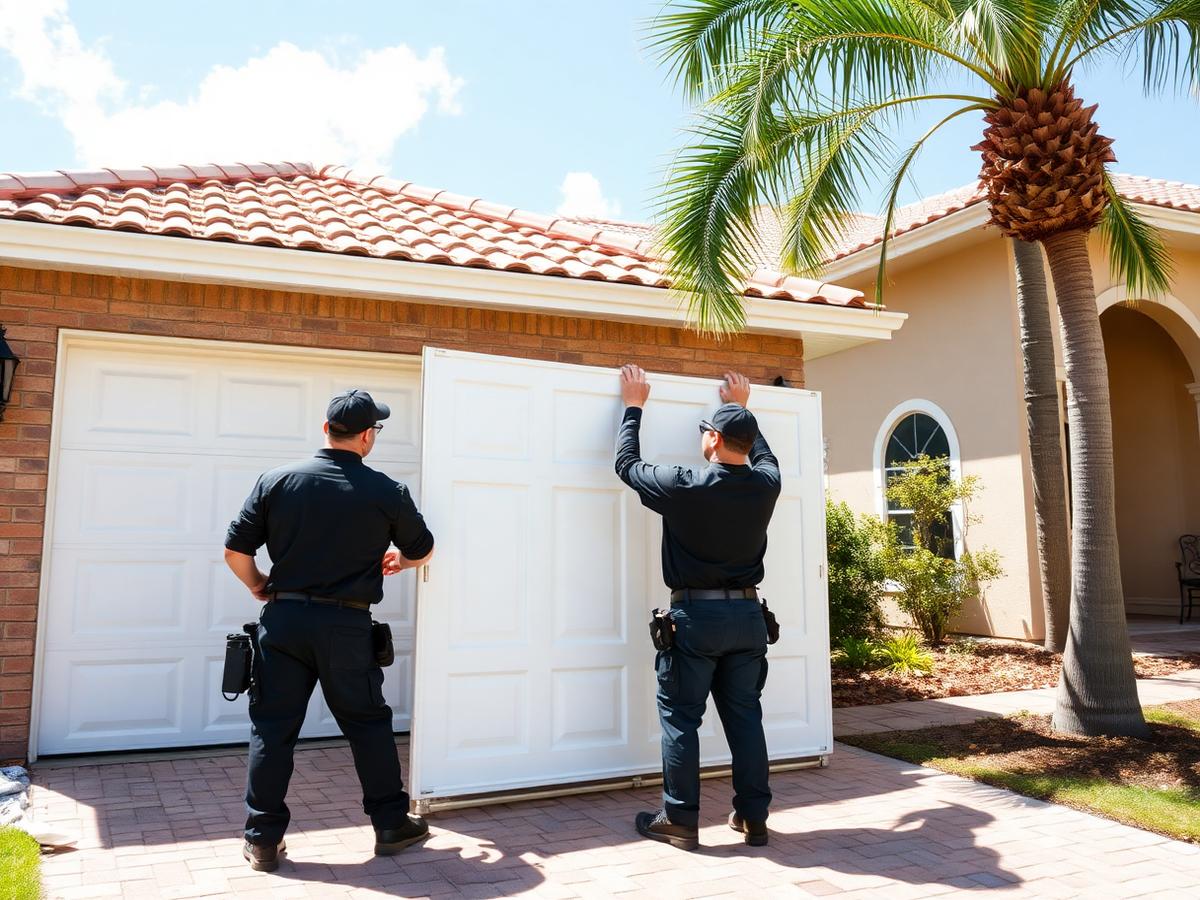 Technicians fitting a replacement white garage door panel at a Weston home