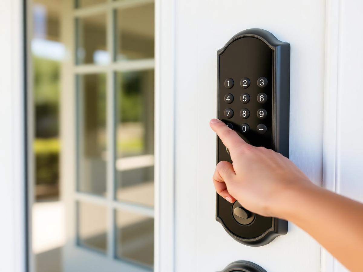 Keypad smart lock installed on a white front door in Boca Raton