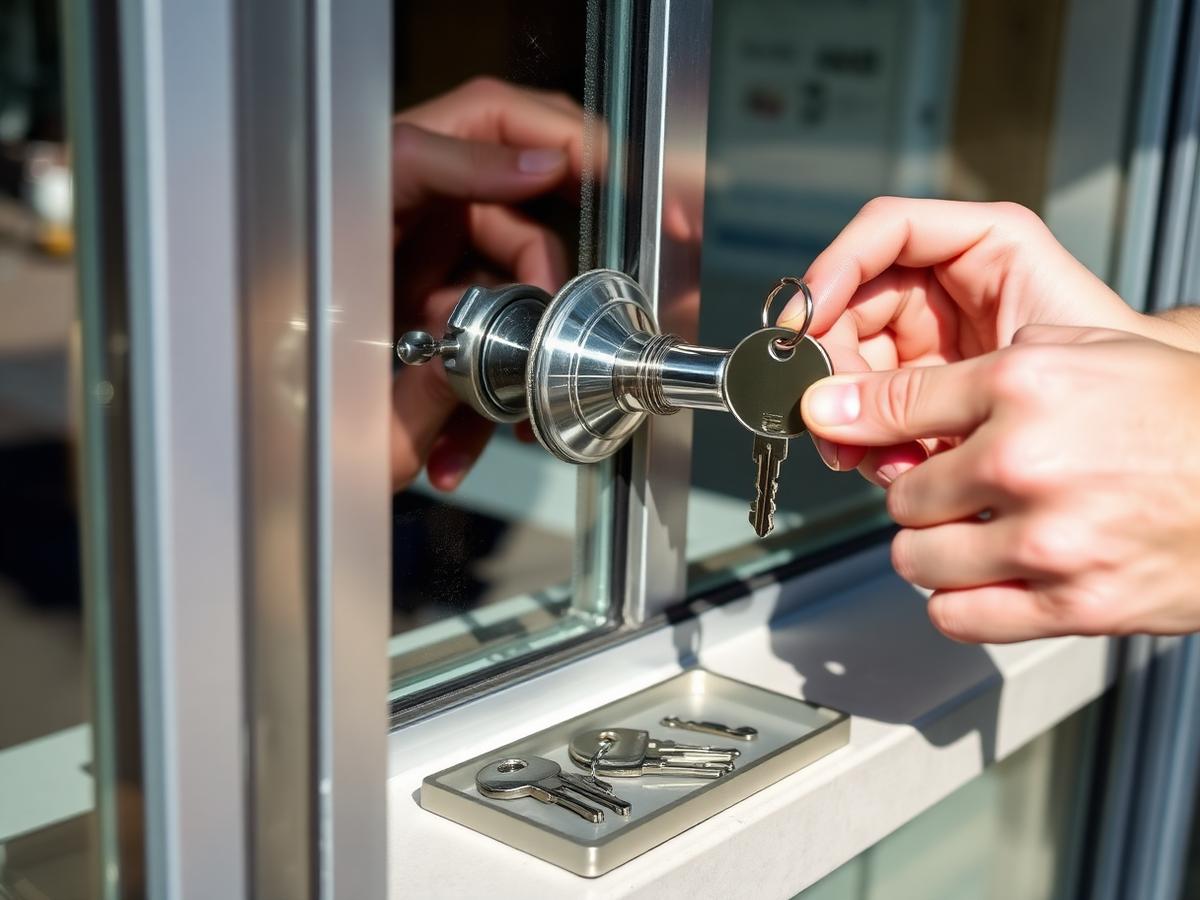 Locksmith rekeying the cylinder of a glass storefront door in Aventura