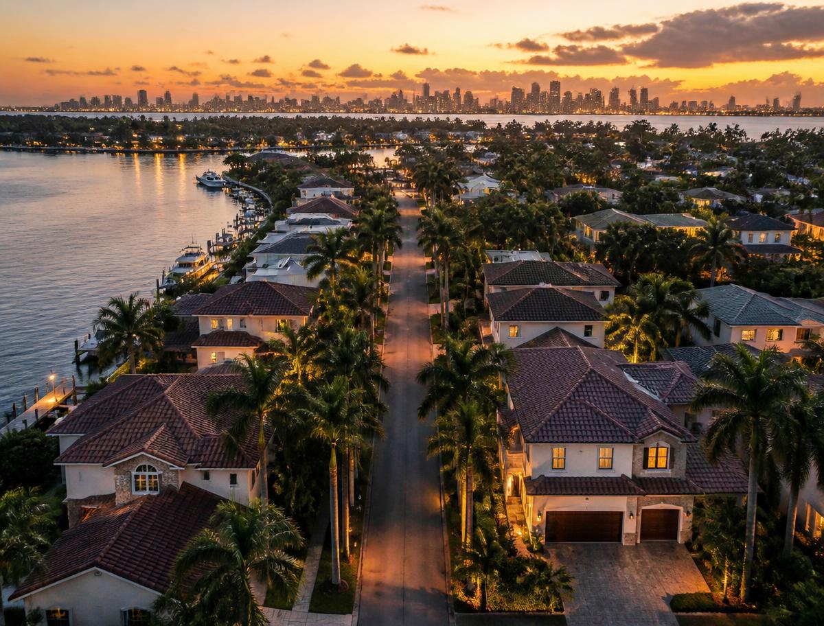 Aerial view of a South Florida waterfront neighborhood served by Elite Locksmith & Garage Door