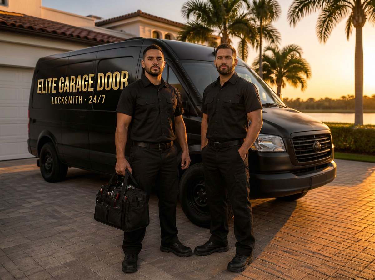Licensed and insured Elite Locksmith technicians with their service van in South Florida